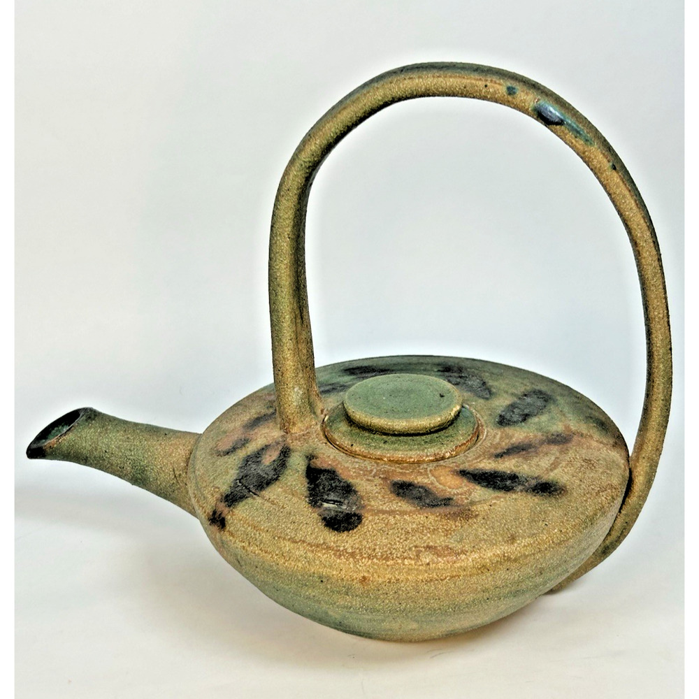 Studio Art Pottery Signed Teapot with Lid Tall Handle Hand Thrown Rustic 1950s